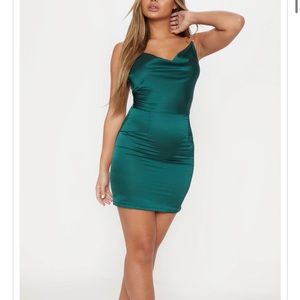 Emerald Green Satin Cowl Neck Ring Detail Bodycon Dress